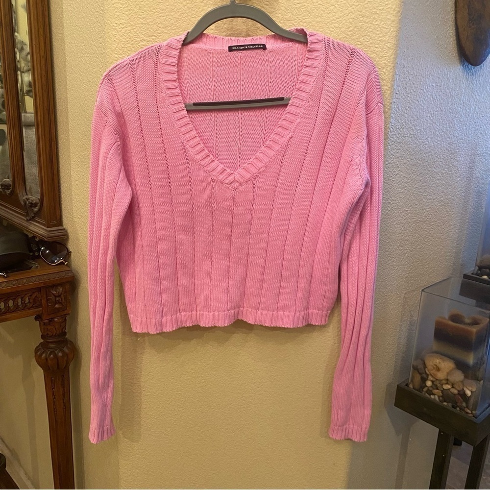 BRANDY MELVILLE Pink V-Neck Loose Fit Knit Sweater Size One Size